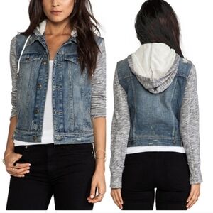 FREE PEOPLE Denim Jacket Sz XS Hooded Heather Gray Sweater Sleeve Gorpcore Boho